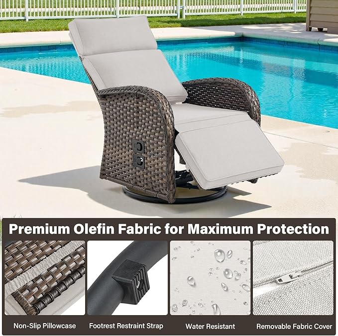 Dual-Adjust Swivel Outdoor Recliner Chair Set of 3 - Reclining Patio Chair with Adjustable Backrest and Footrest, All-Weather Wicker Chaise Lounge Outdoor with Side Table for Deck (Upgraded 2.0)