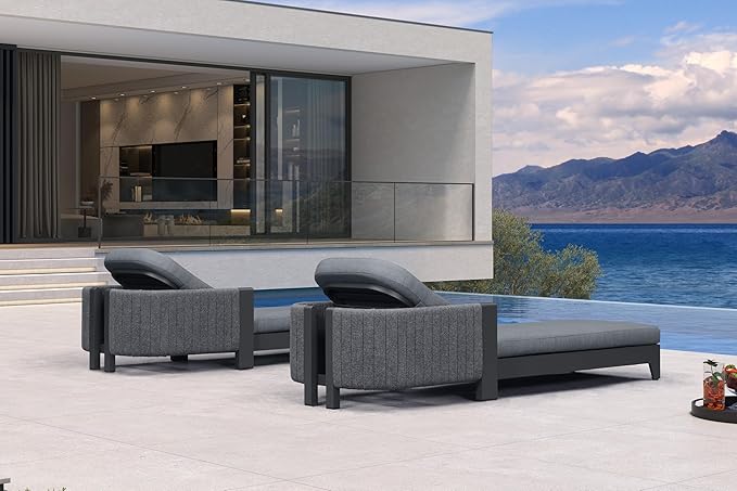PURPLE LEAF Outdoor Daybed Sun Chaise Lounge Chairs with Cushion Patio Aluminum Adjustable Sunbathing Tanning Reclining Set of 2 Moon Basalt