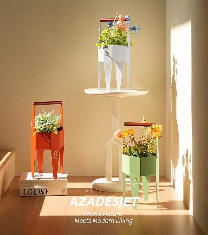 Planter with Stand, Metal 2 in 1 Portable Planter with Grow Bags & Handle, Stable Stylish Indoor Plant Pots with Stand, Modern Flower Pots Outdoor, 7.5'' x 17.3'', White, Plant Not Included