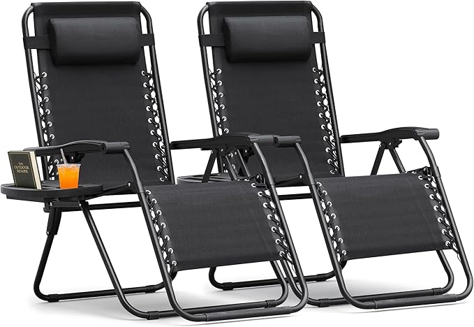 Homall Zero Gravity Chair Patio Folding Lawn Lounge Chairs Outdoor Lounge Gravity Chair Camp Reclining Chair with Pillows for Poolside Backyard and Beach Set of 2 (Dark Black)