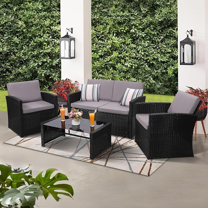 4-Piece Patio Furniture Set, Wicker Outdoor Rattan Sectional Sofa with Cushions and Glass Table, All-Weather Outdoor Conversation Set, Ideal for Garden, Porch, Backyard, Grey