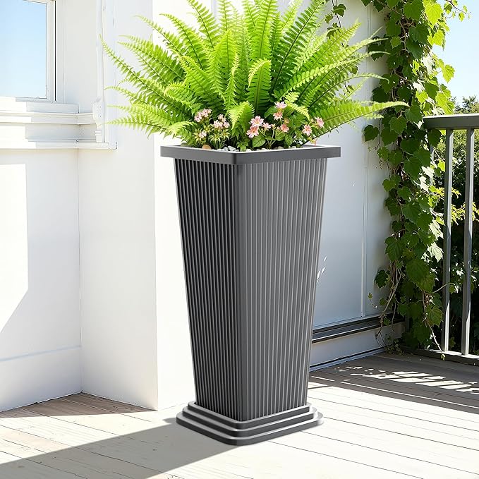 Set of 2 Tall Planters with Drainage Tray, 24 Inch Large Flower Pots for Indoor Outdoor Plants Mordern Planter Weather-Resistant for Patio, Front Door Decor, Garden (Gray Ribbed)