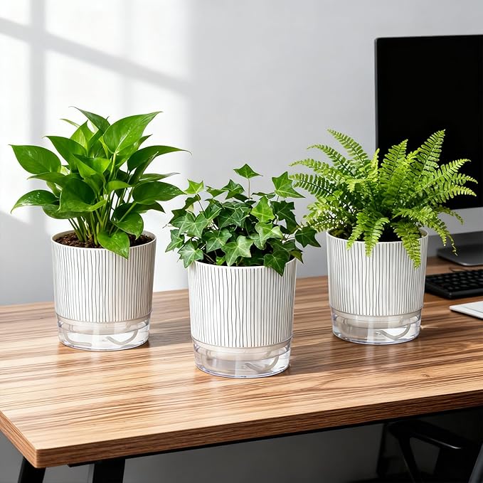 3 Pack Self Watering Pots Set, 4 Inch Self Watering Pots for Indoor Plants, Planter Pot with Wick Rope and Reservoir for African Violet, Spider Plant, Orchid