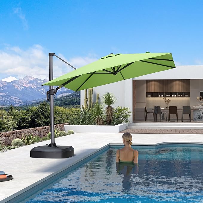 PURPLE LEAF 8' X 8' Patio Umbrella with Wheeled Base for Pool 7' High Offset Outdoor Cantilever Umbrella Swimming Pool Umbrella with 360°Rotation for Poolside Apple Green
