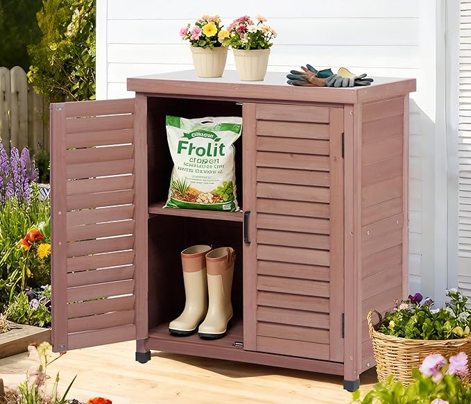 Outdoor Potting Bench with Storage Cabinet and Metal Top, Wood Workstation for Outdoor Patio, Garden (Dark Brown, 31x17x36‘’)