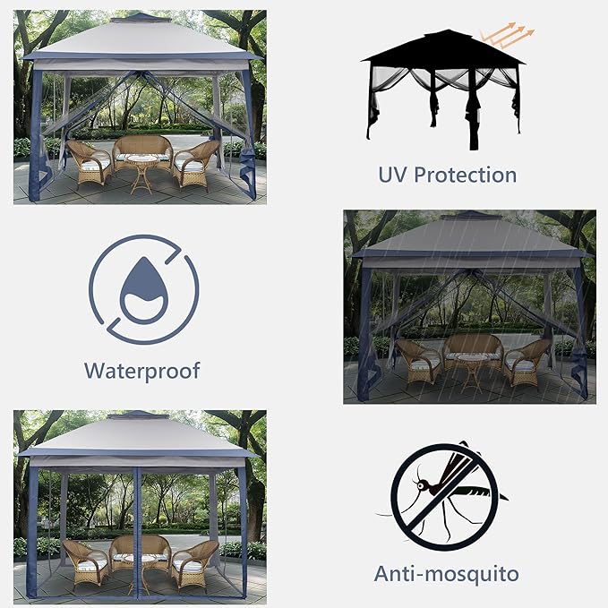 GDY 11x11 Pop Up Canopy Tent, Outdoor Canopy with Netting, Outdoor Gazebo for Backyard, Tent with Handbag, Blue.