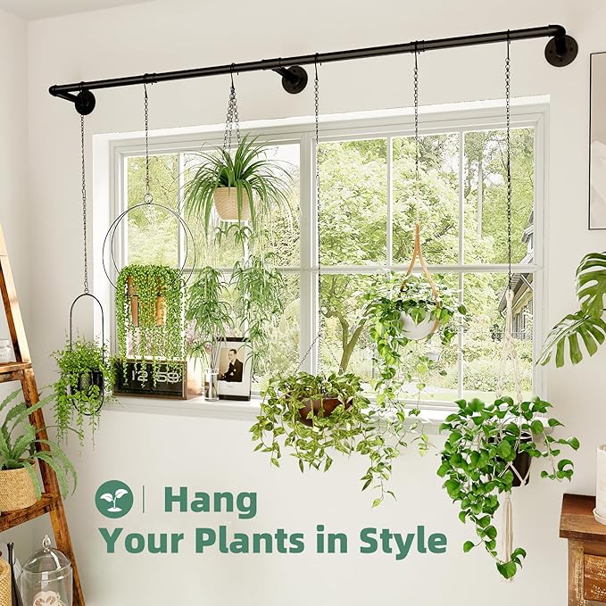 Plant Hanger Indoor with 6 Hanging Chains Hanging Planters for Indoor Plants Hanging Plant Holder Window Plants Rod Black Metal Shelves(70.8 Inch Pot not Included
