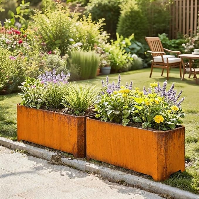 Corten Steel Planter Box-32"x15"x15"-Large Rectangular Planters For Outdoor Plants, Heavy Duty Rustic Tall Planter With Raised Support Feet For Patio, Deck, Garden, Yard, Drain Holes, Easy Assembly