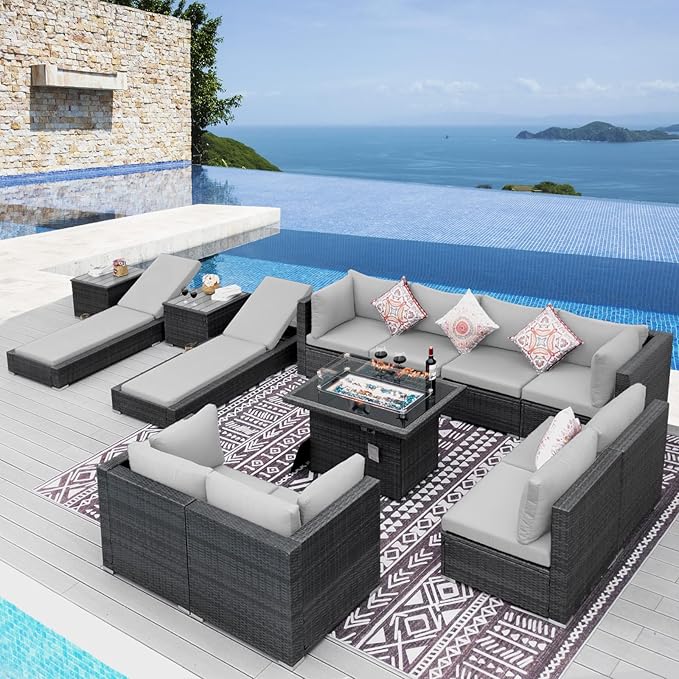NICESOUL 13 Piece Outdoor Wicker Patio Furniture with Fire Pit, Oversized Grey Outdoor Seating Set with Fire Pit Table & Chaise Lounge, 29.3" High Back Sectional Couch Sets for Tall/Big Person