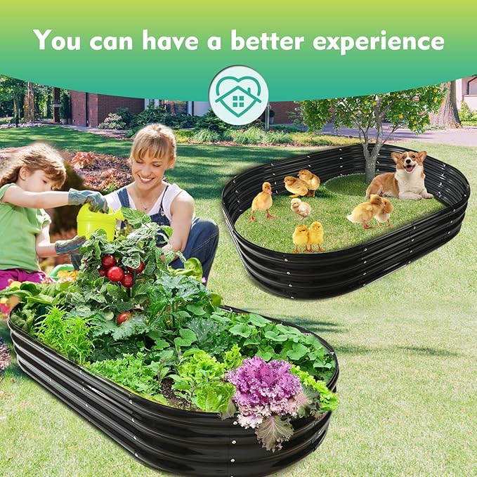 6X3X1 FT Oval Galvanized Metal Garden Raised Bed/Plant Box for Planting,36 Inches Diameter Iron Fire Pit Ring,Small Animal Fence-3 in 1 Modular Design in Black (Black, 72X36X11.5 Inches)