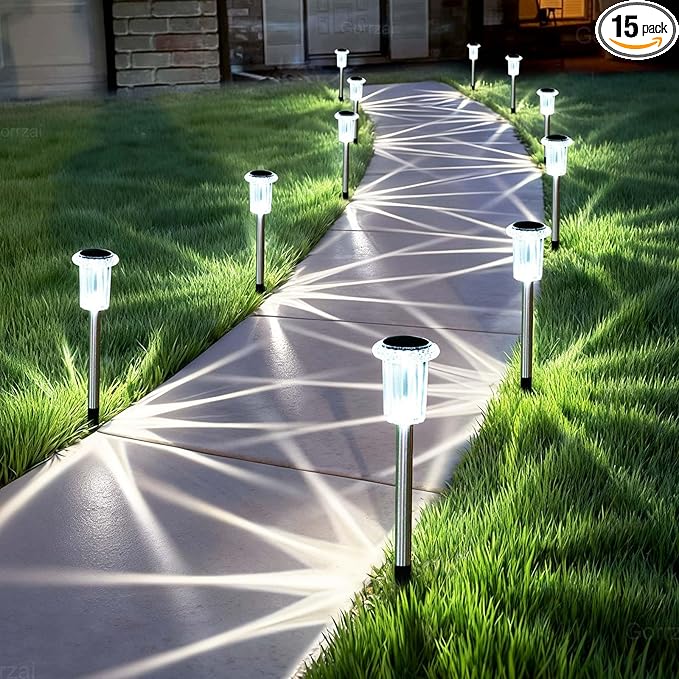 15 Pack Solar Pathway Lights Solar Lights Outdoor, Led Waterproof Yard Walkway Lighting Stainless Steel Garden Stake for Outside, Path, Landscape, Driveway, Backyard (Cold White)