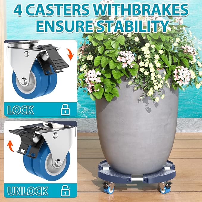 VANCASTLE Plant Caddy with Lockable Wheels Heavy Duty 450lbs Capacity, 15-22 Inch Adjustable Plant Stand with Wheels Rolling base, Plant Dolly for Flower Pot Mover Indoor Outdoor, Blue, 1 Pack