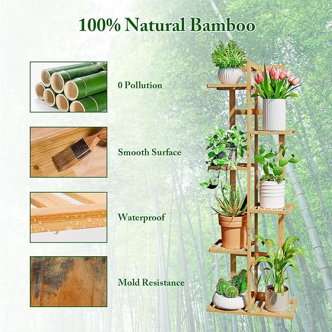 DolceLuna Plant Stand Indoor Corner, Tiered Bamboo Plant Shelf 46 Inch Tall, Plant Rack 6 Tier for Multiple Small Plants, Flower Holders for Living Room Bedroom Window Patio Balcony, Natural