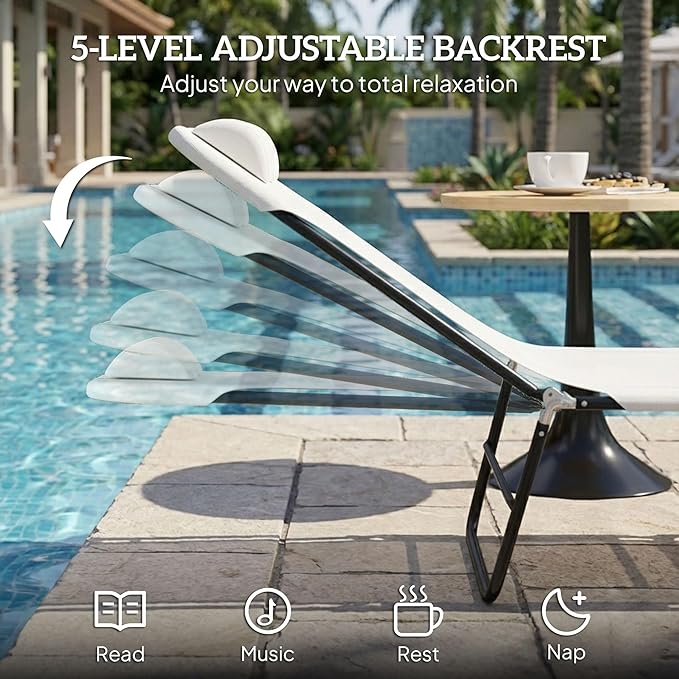 Outsunny Folding Chaise Lounge Chair, Pool Sun Tanning Chair, Outdoor Lounge Chair with Reclining Back, Breathable Mesh Seat, Headrest for Beach, Yard, Patio, Cream White