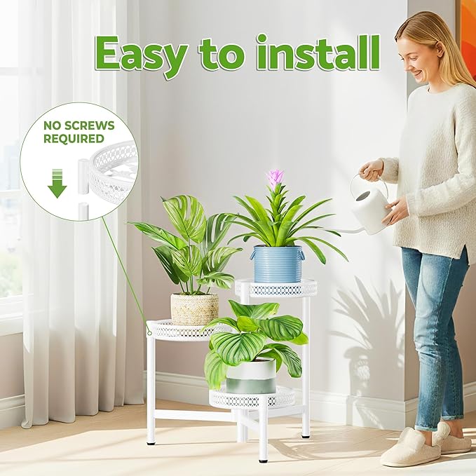 3 Tiered Tall Plant Stand Indoor Outdoor, Metral Plant Shelf for Corner Display Rack, Multi-Tier Folding Planter Pot Holder Flower Stand for Living Room Balcony Garden Patio - WhiteWave