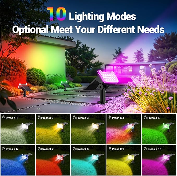 WdtPro 10 Pack Solar Color Changing Spot Lights, 10 Lighting Modes Solar Lights Outdoor Waterproof, Multicolor RGB Outdoor Lights, 9 Colors Auto Cycling Landscape Spolights for Yard Garden Decoration