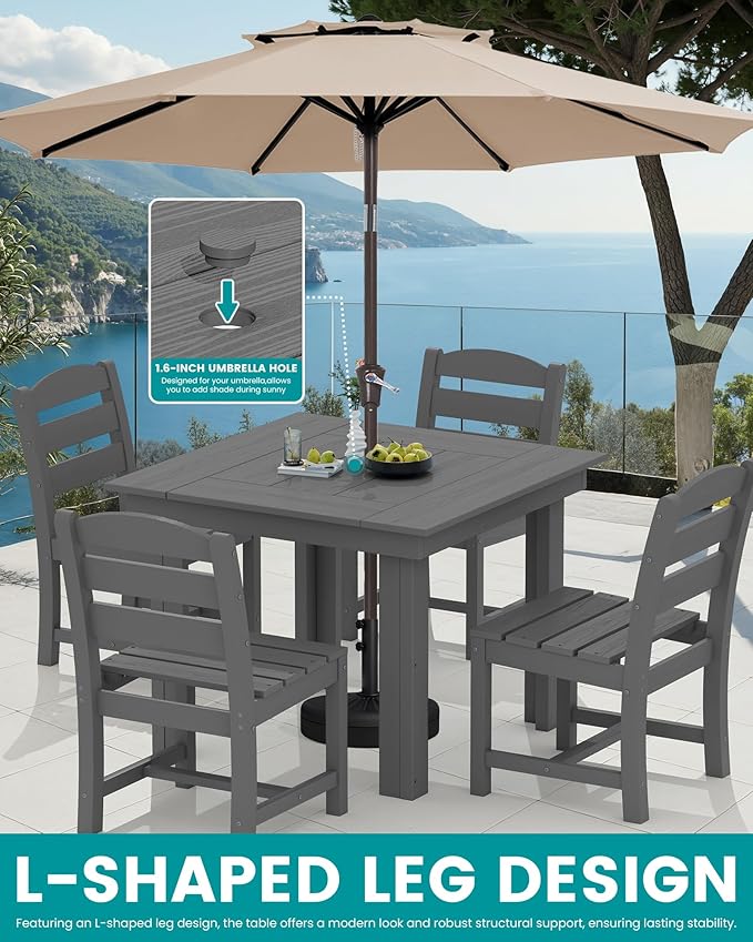 SERWALL Outdoor Dining Set for 4, HDPE Square Table and Chairs Set All Weather Patio Dining Set with 4 Armless Chairs for Patio, Gray