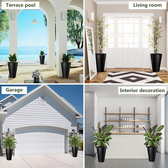 Sieral Set of 2 Tall Outdoor Planters 12 x 18 Inch Large Resin Outdoor Planters for Front Porch Flower Round Floor Decorative Indoor Pots with Drainage(Black)