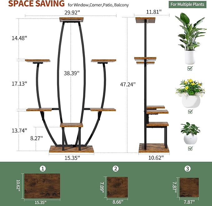 JUSTOGO Plant Stand Indoor with Grow Lights - 7 Tiered Large Plant Shelf Indoor, 47" Corner Plant Stands for Indoor Plants Multiple, Metal Plant Rack Flower Holder Display for Living Room, Home Decor