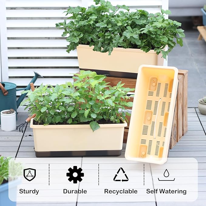 Window Box Planter 8 Pcs, 17 Inches Rectangle Flower Pots with Drainage Holes & Trays, Vegetable Planters for Windowsill Patio Garden Balcony Home Indoor Outdoor (Barley Yellow, 16 * 7 * 6 inch)