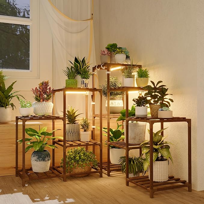 Bamworld Plant Stand with Grow Lights for Indoor Plants 11 Potted Corner Plant Shelf with Plant Lights for Indoor Growing