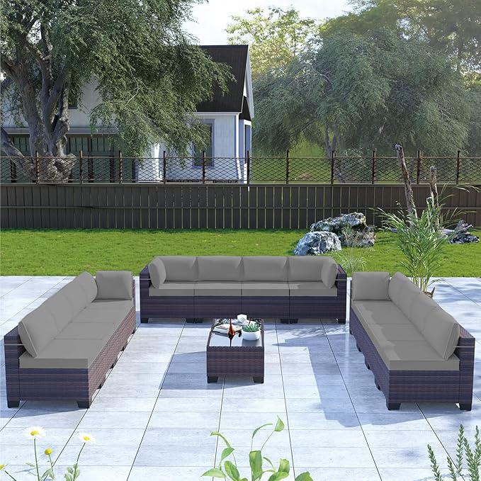 Kullavik 14 Pieces Outdoor Patio Furniture Set PE Wicker Rattan Sectional Sofa Patio Conversation Sets,Grey