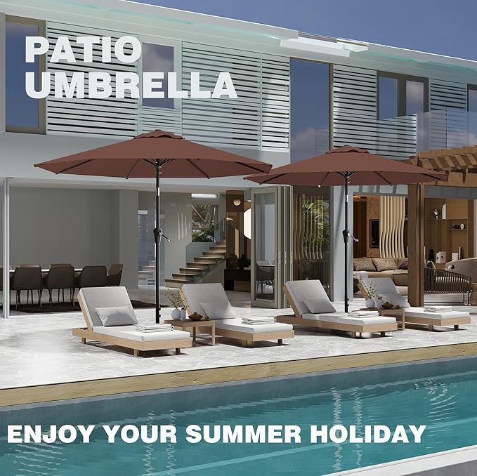 AreShark 9 FT Patio Umbrella for Outdoor, Outdoor Table Umbrella with Push Button Tilt and Crank, Outdoor Patio Umbrellas with 8 Sturdy Ribs for Market, Garden, Pool (Brown)