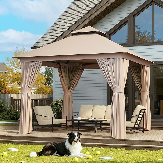 Aoxun Outdoor Gazebo for Patio 10x10 Metal Frame Canopy with Double Roofs Heavy Duty Party Tent and Shelter with Mosquito Netting and Privacy Screen for Backyard, Lawn, Garden, Deck (Khaki)