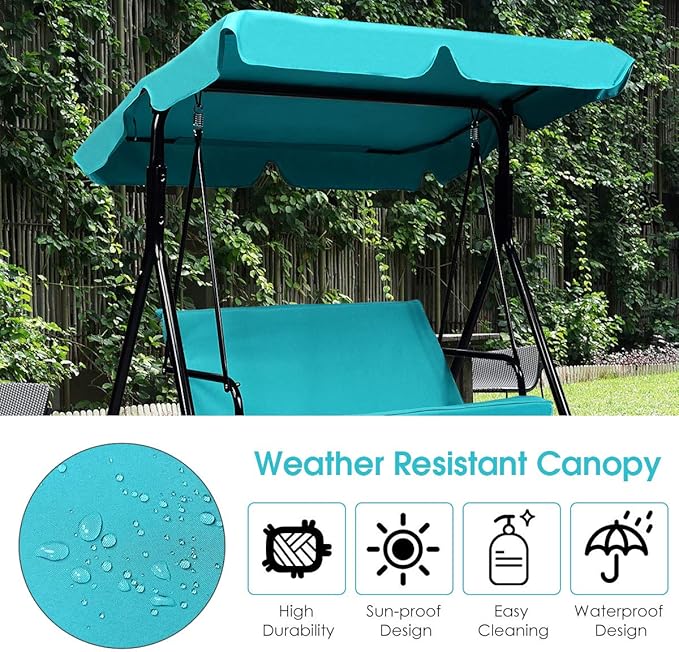 Tangkula 2 Person Porch Swing, Outdoor Swing with Removable Cushions, Solid Steel Structure, Patio Swing with Adjustable Canopy for Porch, Backyard, Garden, Balcony Turquoise
