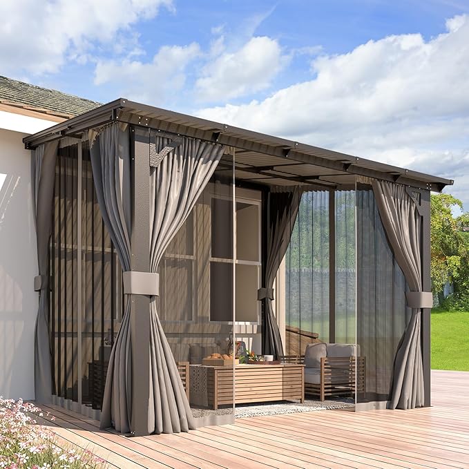 AECOJOY 10' X 8' Gazebo for Patio, Small Wall-Mounted Lean to Gazebo Pergola with Curtains and Netting, 8x10 Hard Top Pergolas and Gazebos on Clearance for Lawn Backyard Garden Deck