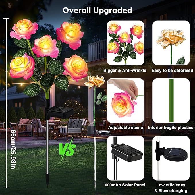 6-Pack Solar Flowers Outdoor Waterproof - Solar Garden Lights with Rose, Solar Flower Lights for Outside Yard Decorations Outdoor