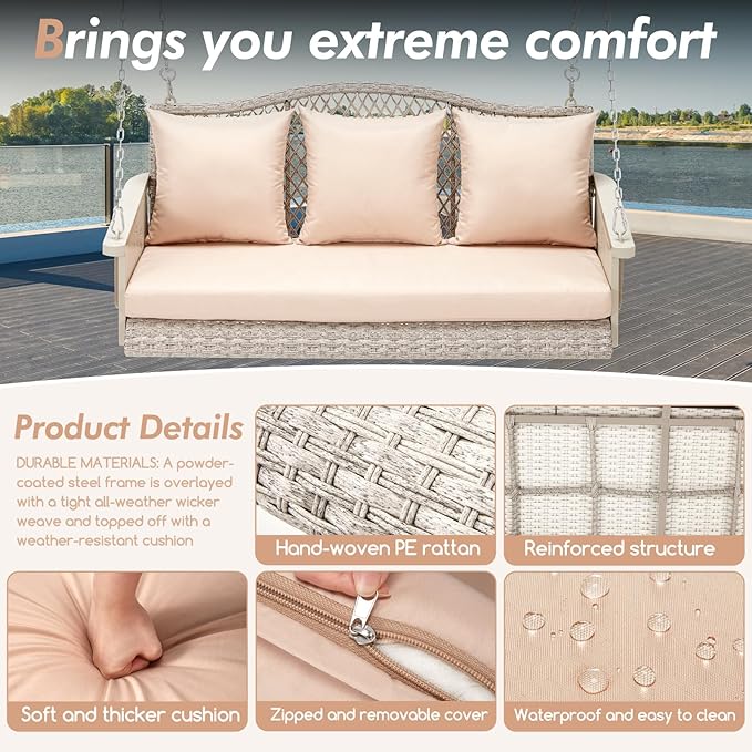 Upgraded Wicker Hanging Porch Swing Heavy Duty 900 LBS 3-Seat Outdoor Patio Swing Chair Bench for Adult w/ 8.9ft Hanging Chains Cushions and Cup Holder