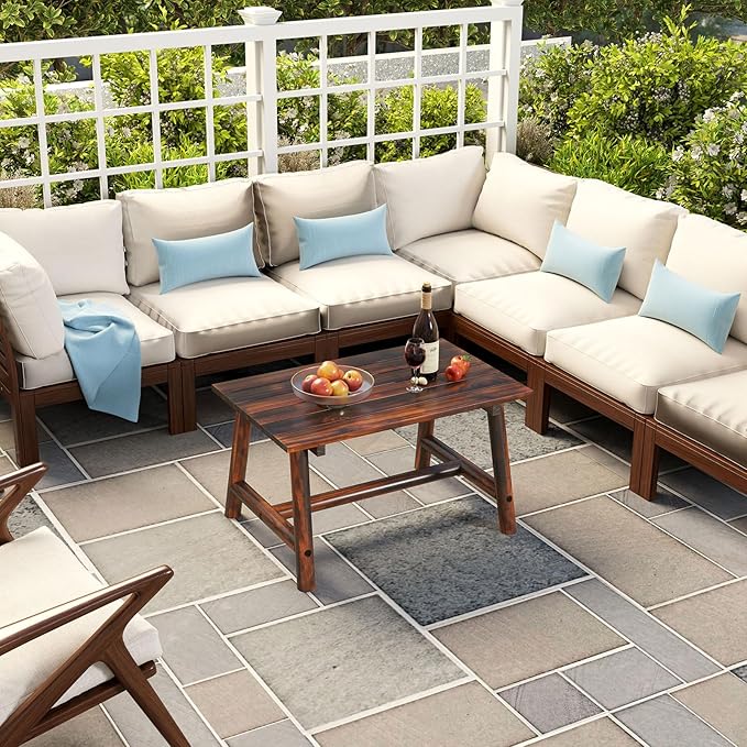 Tangkula Outdoor Coffee Table, Solid Wood Patio Desk with Slatted Tabletop, Rectangle Side Table for Garden Lawn Porch Balcony Poolside Living Room
