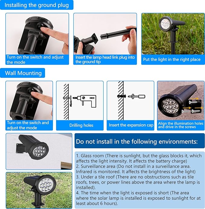 Solar Spot Lights Outdoor，Solar Lights Outdoor Waterproof IP68，Dark Sensing Auto On/Off，Suitable for Garden, Corridor Landscape Lighting and Flag Lighting (Warm White, 2-Pack)