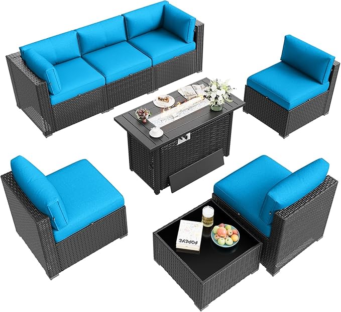 Aoxun Patio Furniture Set with Fire Pit Table, 8 Piece Outdoor Sectional Sofas, Wicker Rattan Outdoor Furniture with Thickened Cushion for Backyard, Garden Peacock Blue