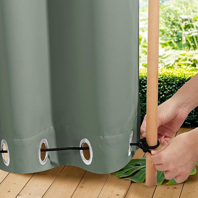 NICETOWN 2 Panels Outdoor Curtains for Patio Extra Wide 84", Waterproof & Windproof Grommet & Back Tab Fixed Top and Bottom Thermal Insulated Drapes with Rope for Gazebo, Sage Green, W84 x L84
