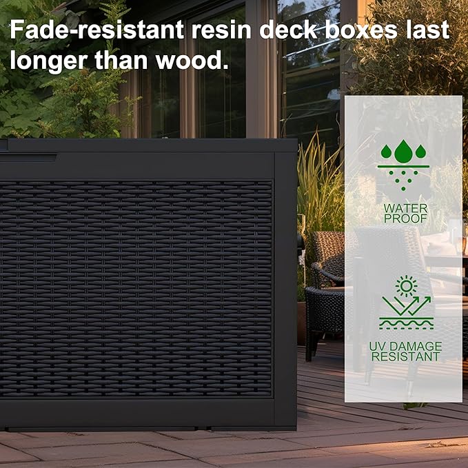 120 Gallon Outdoor Deck Box, Lockable Waterproof Outdoor Storage Boxes For Garden Tools,Indoor Cushions,Accessories Outside Storage Resin Weatherproof Container(Black)