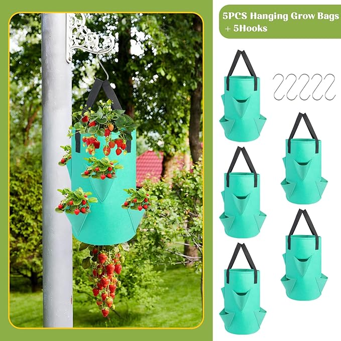 5 Pack Upside Down Strawberry Hanging Planter, 3 Gallon Tomato Hanging Grow Bags with 5 Hooks, Hanging Tomato Strawberry Grow Planters Vegetable Planting Bags with 6 Planting Holes for House Garden