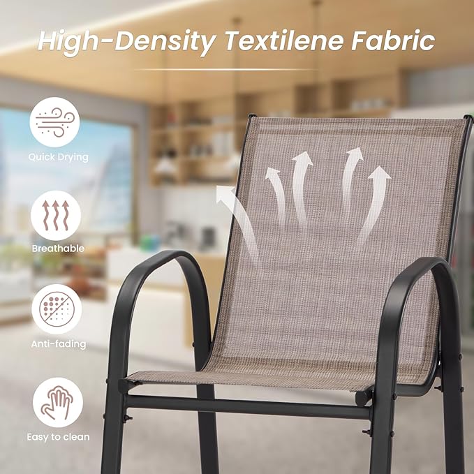 HOMREST Outdoor Bar Height Stools Set of 8,High Back Patio Chairs with Armrests,Textilene Chairs with Breathable Fabric & Metal Frame for All Weather,Taupe