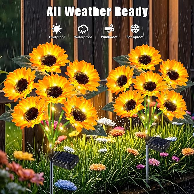 Solar Sunflower Lights Outdoor Flower Garden Stake Lights,4 Pack 24 Sunflower Waterproof Lights for Outside Party Gardening Gifts Mother's Day for Patio Yard Pathway Party Housewarming Gift