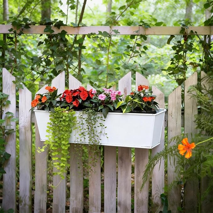 3 Pack Metal Railing Planters, 16 Inch Large Rectangular Hanging Flower Pots with Detachable Hooks & Drainage Holes, Fits Rails up to 2.5", Galvanized Iron Window Box for Balcony Garden - White