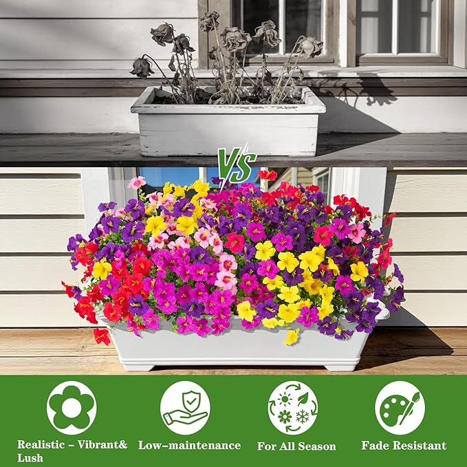 INQCMY Artificial Fake Petunias Flowers for Outdoors Spring Decoration, 12 Bundles Faux Plants Outdoor UV Resistant Realistic Silk Flower for Outside Planters Patio Porch Yard Window Box
