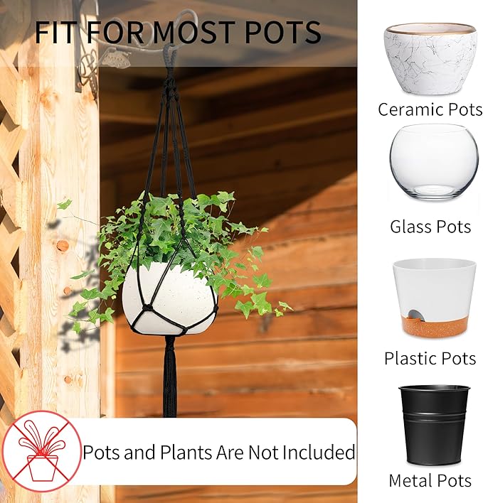 Macrame Plant Hanger - Fits 4 to 13 inches Pots for Indoor Outdoor, 34"/41"/46" 3 Sizes Set, Black (POTS NOT Included)