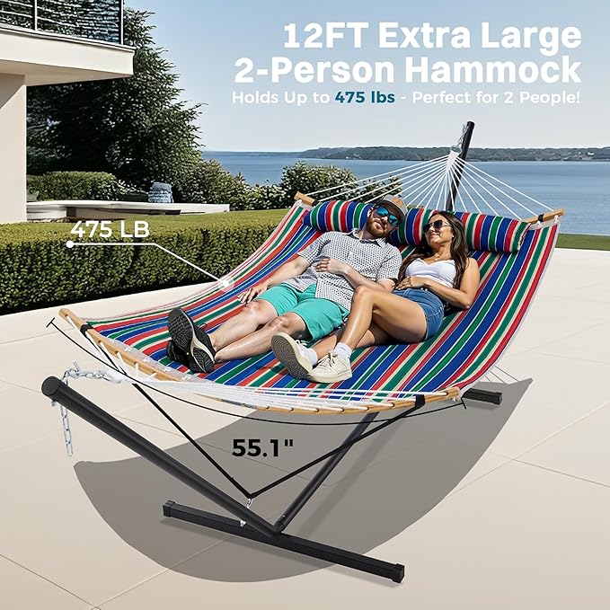SUPERJARE Curved-Bar Hammock with Stand, 2 Person Heavy Duty Hammock Frame, Detachable Pillow & Portable Carrying Bag, Perfect for Outdoor & Indoor, Retro Blue and Green