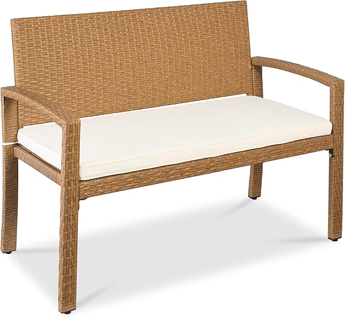 Best Choice Products Outdoor Bench 2-Person Wicker Garden Patio Benches Seating Furniture for Backyard, Porch w/Seat Cushion, 700lb Capacity - Ivory/Natural