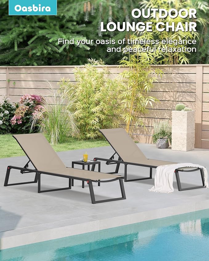 Aluminum Chaise Lounge Chair Outdoor, Foldable & No Assembly Patio Pool Lounge Chairs 5-Position Recliner for Outside Poolside, Fully Grounded Legs Sun Lounger for Beach, Yard, Khaki