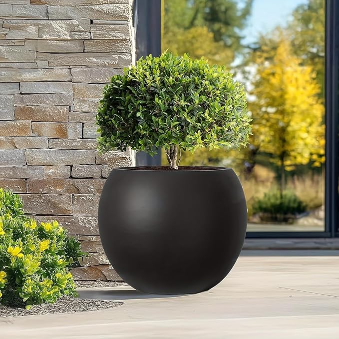 17 H x 21" Dia (15" Pot Opening) Round Fiberstone Planter with Drainage Hole, Black, Indoor/Outdoor Large Plant Pot for Home Patio Garden, Planter for Christmas Tree, Ideal for Large Plants