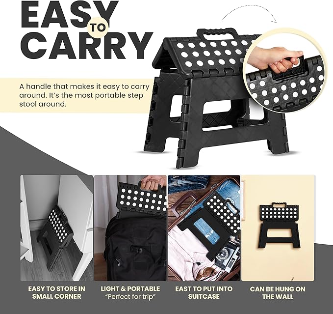 Utopia Home Folding Step Stool with Handle – 9 Inch Anti Slip Collapsible Stool – Holds Up to 300 lbs – Sturdy Plastic Step Stool Foldable for Kitchen, Bathroom and Home Use (1-Pack, Black)