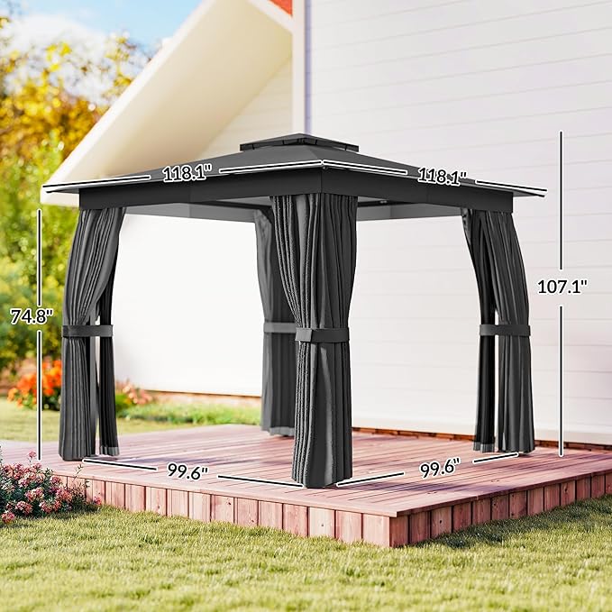 Outsunny 10' x 10' Outdoor Patio Gazebo, Heavy Duty Gazebo Canopy Shelter with Double Roof, Curtains, Netting, Steel Frame, UPF30+ Protection, Ceiling Hook for Lawn, Backyard, Deck, Dark Gray