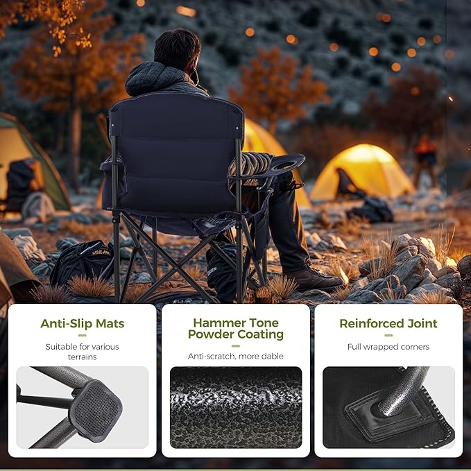 ALPHA CAMP Heavy Duty Camping Chair 500LBS Capacity, Oversized Folding Chair for Heavy People, Padded Portable Outdoor Chair with Cooler Bag & Cup Holder for Camping, Fishing, Beach